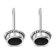 Black Onyx Round Stud Silver Earrings - e369